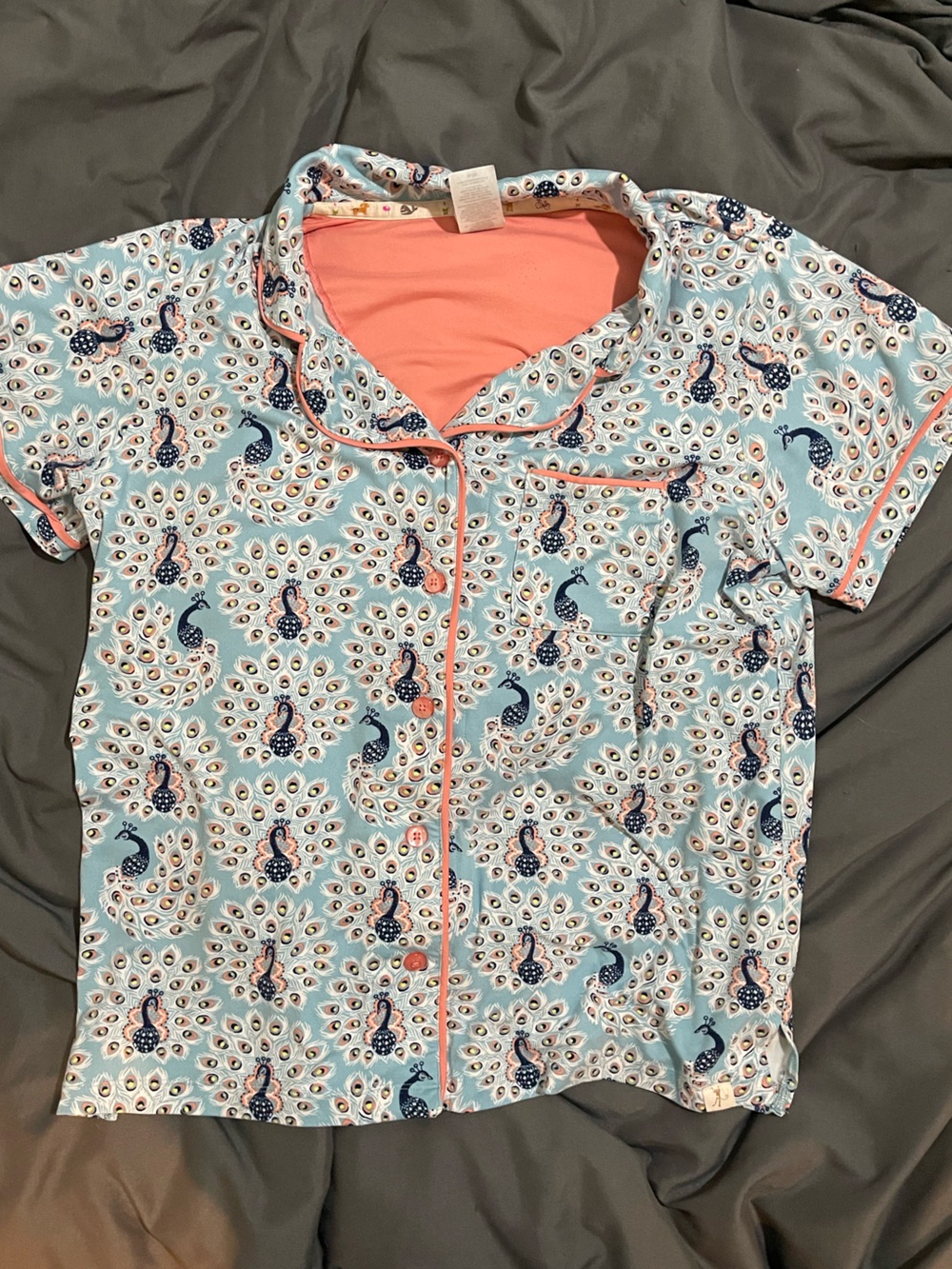 Munki Munki Blue Peacock Print 2-Piece Pajama Set Top & Pants Womens L XL
